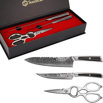 Sunnecko Kitchen Knife Set of 3, Chef Knife Set Damascus Steel Knives Set for Kitchen Sharp VG10 Corn, Full Tang with Gift Box