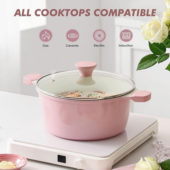 SENSARTE Ceramic Nonstick Stock Pot with Lid, 7 Quart Induction Cooking Pot with Tempered Glass Lid, Stew Pot for Soup and Oatmeal, Pasta Casserole, PFOA PFAS PTFE Free, Pink