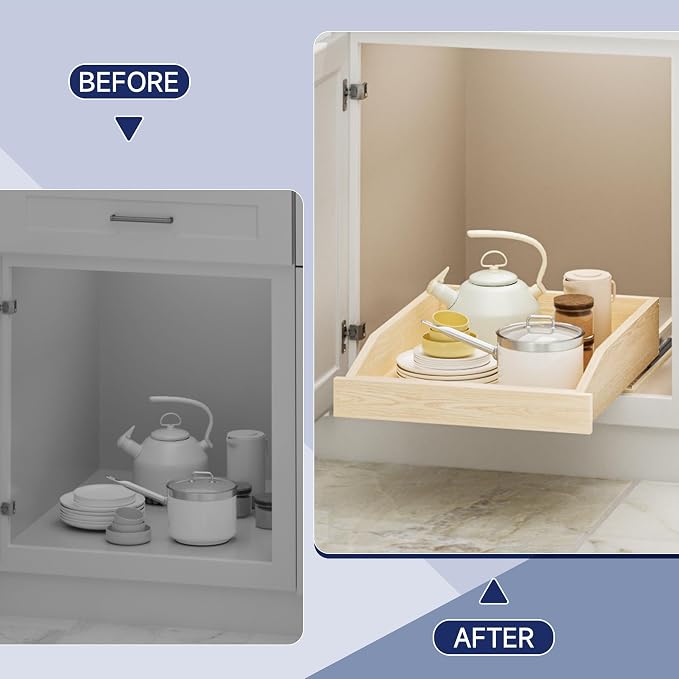Pull Out Cabinet Organizer 16.5" W x 21" D, Soft Close Slide Out Wood Drawer Shelf for Kitchen Cabinets, Pull Out Cabinet Drawer for Base Cabinet, Pantry and Bathroom Storage, Bottom Mount