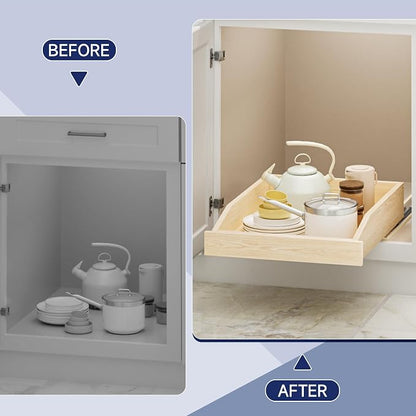 Pull Out Cabinet Organizer 16.5" W x 21" D, Soft Close Slide Out Wood Drawer Shelf for Kitchen Cabinets, Pull Out Cabinet Drawer for Base Cabinet, Pantry and Bathroom Storage, Bottom Mount