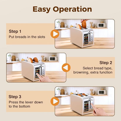 2 Slice Touch Screen Toaster Stainless Steel Wide Slots with Digital Touchscreen, Reheat & Defrost, Even Toasting for Family Breakfast Bagel & Bread, Easy Removable Crumb Tray, Cream Color