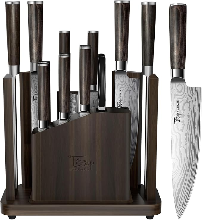 SYOKAMI 15-Piece Kitchen Knife Set with Magnetic Block, New for 2026, Detachable Steak Knife Block for Table Service, Built-In Sharpener, Wood Handle, Damascus Pattern, Housewarming Gifts