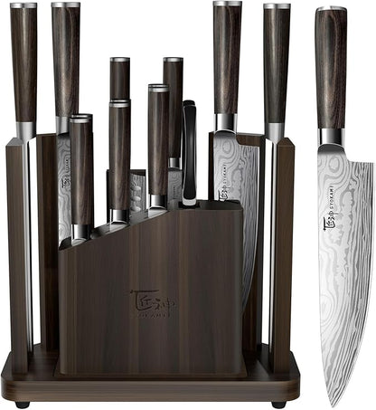 SYOKAMI 15-Piece Kitchen Knife Set with Magnetic Block, New for 2026, Detachable Steak Knife Block for Table Service, Built-In Sharpener, Wood Handle, Damascus Pattern, Housewarming Gifts