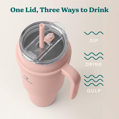 REDUCE 50 oz Stainless Steel Tumbler with Handle - Dual-Wall Vacuum Insulated Travel Mug, Sweat-Proof Lid & Reusable Straw - Keeps Drinks Cold for 24 Hrs, Fits Cupholders, Dishwasher Safe - Pink Clay