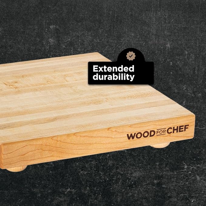 WoodForChef Hardwood Butcher Block with Feet - Hard Maple Edge Grain Cutting Board with Dual Pairs of Wooden and Rubber Legs - Elevated Chopping Board for Precision Cutting - 12x12x1.5 inches (Square)