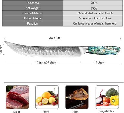 XITUO 10" Cimitar Breaking Butcher Knife, Japanese VG10 Damascus Steel Meat Processing Knife, Full Tang Razor Sharp Blade, Ergonomic Abalone Shell Handle Dazzling Series (10 inch Cimitar Ham knife)