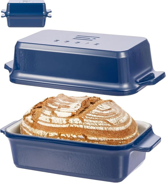 Enameled Cast Iron Dutch Oven for Bread Baking, 9×5 Dutch Oven Pot with Lid, 2 in 1 Sourdough Bread Pans for Baking with Lid, Roasting & Braising, Easy Release, Oven & Induction Safe (4.2 QT,Blue)