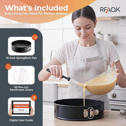 RFAQK 10 Inch Springform Pan Nonstick Leakproof - Spring Form Pan for Cheesecake with Removable Bottom, Include 50pcs Parchment Paper, Recipe E-Book - Perfect for Baking Cheese Cakes, Pizzas, & More!