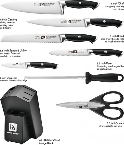 Klaus Meyer 8-Piece Kitchen Knife Set, German High Carbon Steel Pakka Wood Handle Chef Knife Set With Block, Ultra Sharp With Scissors, Sharpener Rod.