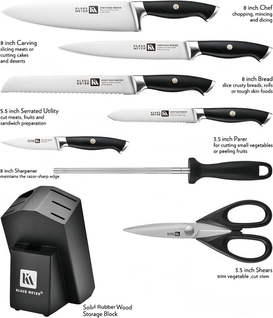 Klaus Meyer 8-Piece Kitchen Knife Set, German High Carbon Steel Pakka Wood Handle Chef Knife Set With Block, Ultra Sharp With Scissors, Sharpener Rod.