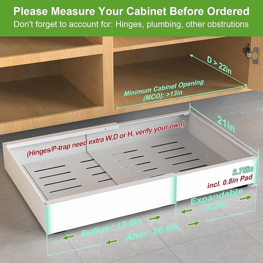 ANTOWIN 1-Pack Expandable Pull Out Cabinet Organizer 21"Deep(12.2"-20.5"W), 3 Full Extension Glides Slide Out Drawers, Roll Out Shelves Adhesive Raising Pad,Compatible Framed Cabinets,90lb Cap,White