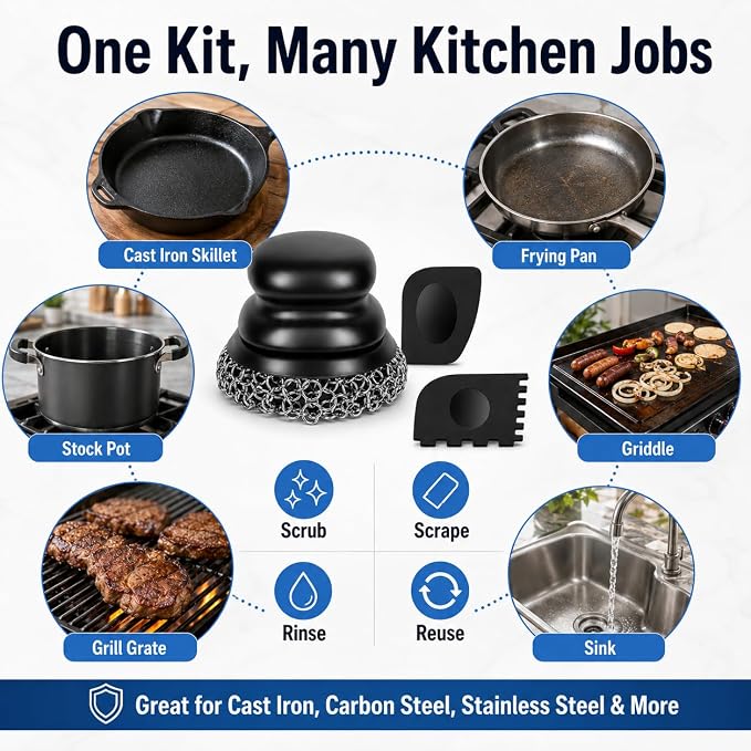 Cast Iron Scrubber (1Pack Black Coarse Mesh + 1Pack Black Fine Mesh) and and Scraper, Chain Mail Scrubber for Cleaning Stock Pots, Pans, Griddles, Grills, Cast Iron Skillets, Dish Scouring Pads