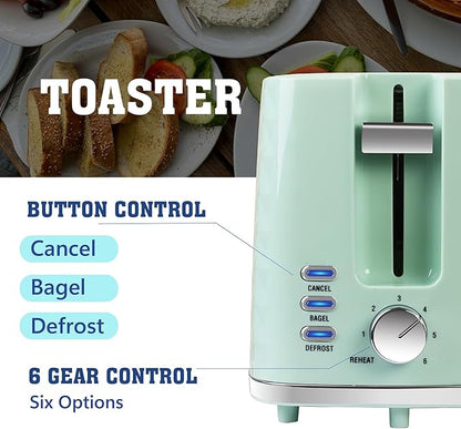 Toaster 2 Slices, Toasters Wide Slot, Bread Toaster with Cancel, Bagel, Defrost Function, Bagel Toasters with Removable Tray & 6 Temperature Settings, Green