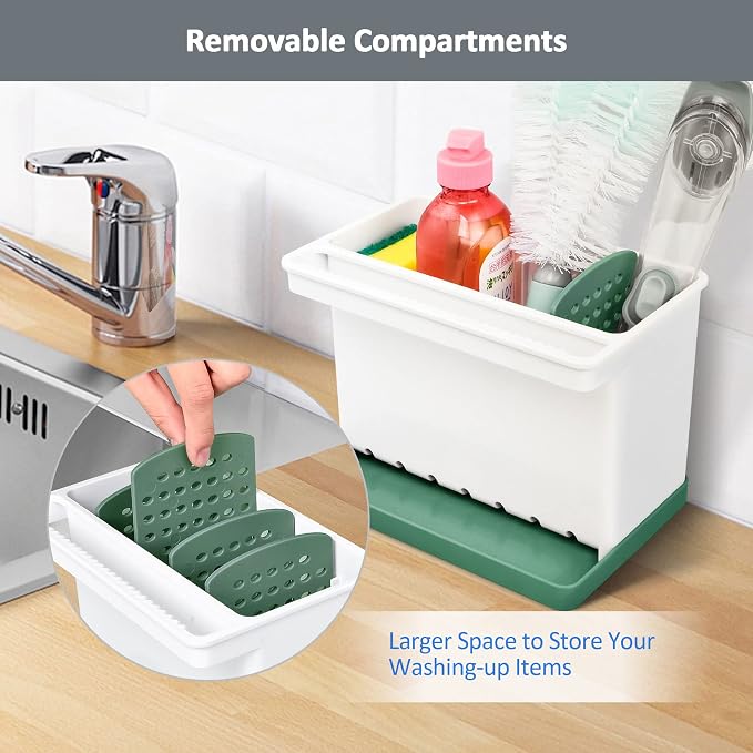 JOMOLA Kitchen Sink Organizer Dish Brush Sponge Holder Caddy Toothbrush Holders for Bathrooms Sinkware Kitchen Utensil Holder Sink Caddy Organizer with 4 Separate Dividers Removable Drain Tray (Green)