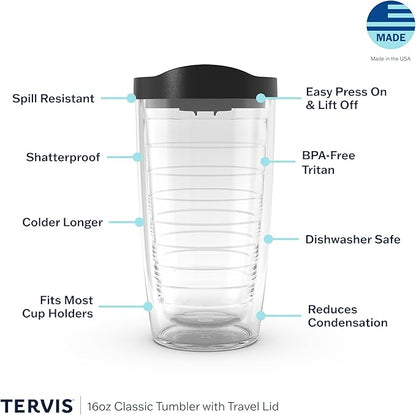 Tervis Clear & Colorful Lidded Made in USA Double Walled Insulated Tumbler Travel Cup Keeps Drinks Cold & Hot, 16oz, Fuchsia Lid