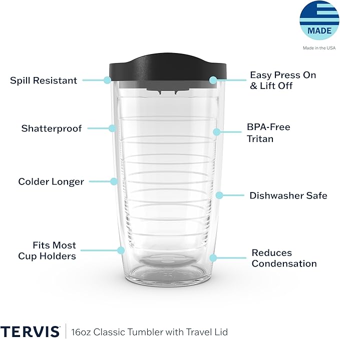 Tervis Clear & Colorful Lidded Made in USA Double Walled Insulated Tumbler Travel Cup Keeps Drinks Cold & Hot, 16oz, Black Lid