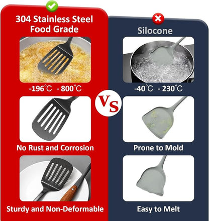 304 Stainless Steel Cooking Utensils Set,9PCS Metal Kitchen Utensils Set with Wooden Handle,Solid Spoon,Spatula,Ladle,Skimmer,Spaghetti Spoon,Dishwasher Safe(Black)