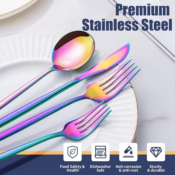 20 Piece Rainbow Silverware Set,Stainless Steel Flatware Cutlery Set Service for 4,Forks Spoons Knives,Kitchen Utensil Set,Tableware for Home and Restaurant, Dishwasher Safe