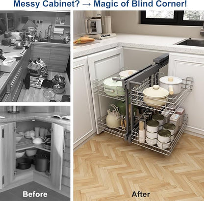 VADANIA Blind Corner Pull Out Organizer for 32" Cabinet, Left Open & Right Open Compatible, Min Opening 14", 2-tier Pull-out Basket, Soft Close, Bottom Mount