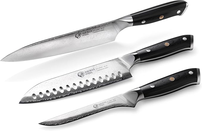 Set of 3 Premium Japanese Damascus Chef Knives – VG10 Steel Core, 67-Layer Razor-Sharp Blades, Full Tang Design with Ergonomic Handles, Presented in a Luxury Natural Wood Gift Box