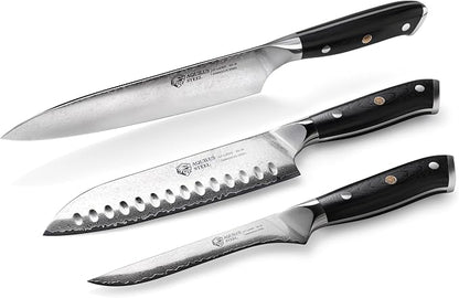 Set of 3 Premium Japanese Damascus Chef Knives – VG10 Steel Core, 67-Layer Razor-Sharp Blades, Full Tang Design with Ergonomic Handles, Presented in a Luxury Natural Wood Gift Box