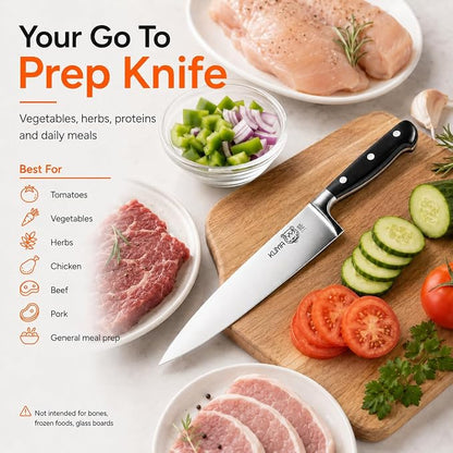 KUMA 8 Inch Chef Knife, Razor Sharp Stainless Steel Blade with Gift Box | ergonomic handle, balanced control, multipurpose kitchen prep, slice, chop, and dice vegetables, herbs, fruit, bonesless meat