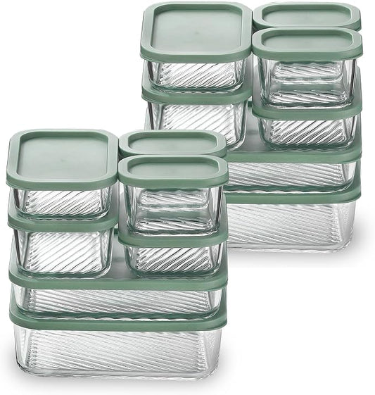 EATEX 14 Pack Glass Meal Prep Containers with Grooved Base, 14 Stackable BPA Free Glass Storage Containers with Lids for Lunch, Pantry, and Kitchen - Microwave, Dishwasher Freezer & Oven Safe - Sage