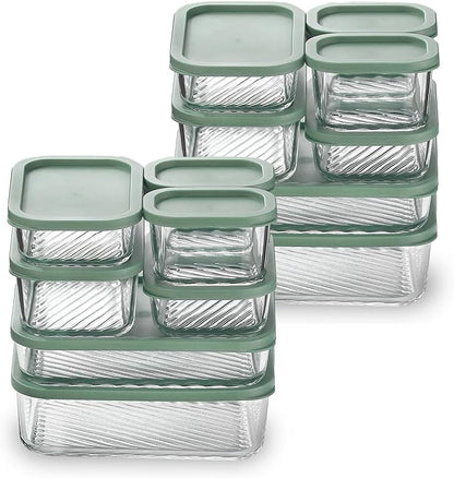 EATEX Grooved Base Glass Meal Prep Containers, 14 Pack Glass Storage Containers with Lids for Meal Prep & Lunch, Microwave Oven Freezer Dishwasher Safe, Anti Moisture Non-Stick Design - Sage Green