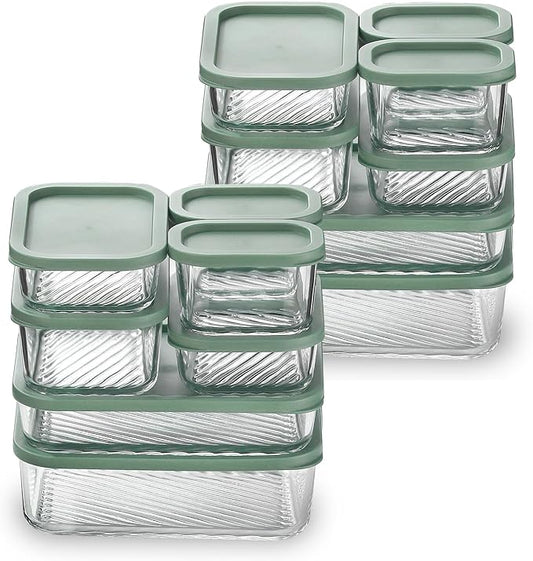 EATEX Grooved Base Glass Meal Prep Containers, 14 Pack Glass Storage Containers with Lids for Meal Prep & Lunch, Microwave Oven Freezer Dishwasher Safe, Anti Moisture Non-Stick Design - Sage Green