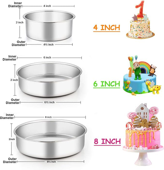 E-far Cake Pan Set of 3 (4 inch/6 inch/8 inch), Stainless Steel Small Round Layer Cake Baking Pans, Perfect for Tier Smash Cake, Non-Toxic & Healthy, Mirror Finish & Dishwasher Safe