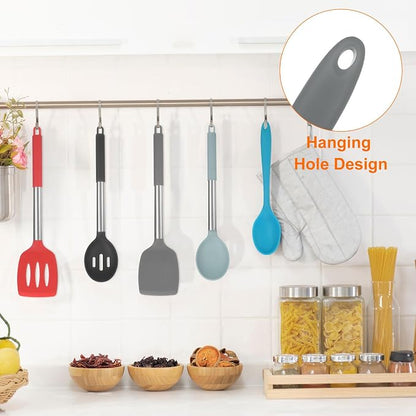 HARFINGTON 2Pcs Silicone Spoons, Heat Resistant Kitchen Cooking Utensil Spoon for Cooking, Mixing, Stirring and Serving, Grey