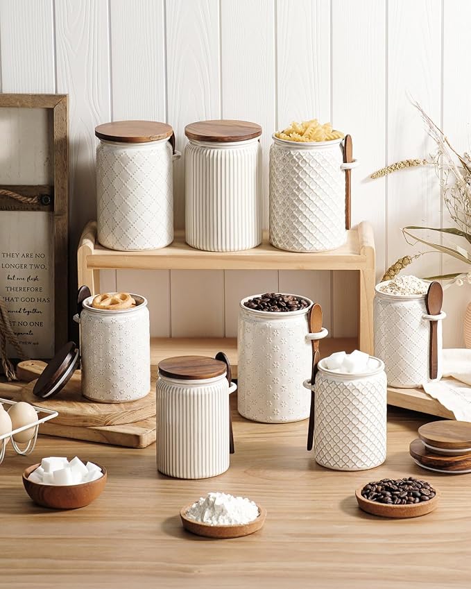 getstar Canisters Sets for the Kitchen, 32 oz Sugar Coffee Tea Storage Containers, Ceramic Kitchen Canisters for Countertop Set of 4 with Airtight Lids and Teaspoons