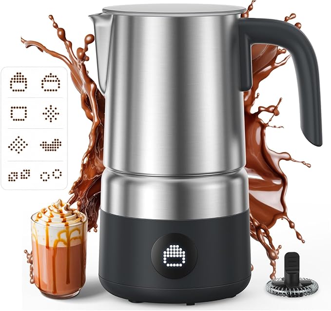 AMZCHEF 8-in-1 Electric Milk Frother and Steamer 600W, 17oz Large Capacity & Detachable, Automatic Warm and Cold Foam Maker for Coffee, Hot Chocolate, Stainless Steel Jug, LED Display, Easy to Clean