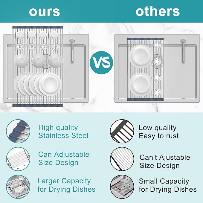 BBXTYLY Extra Large Expandable Roll Up Dish Drying Rack,Over The Sink Drying Rack Sink Cover Kitchen Sink Accessories Kitchen Rolling up Stainless Steel Drainer, Foldable,Rollable（Gray，22.8''-17.3''）