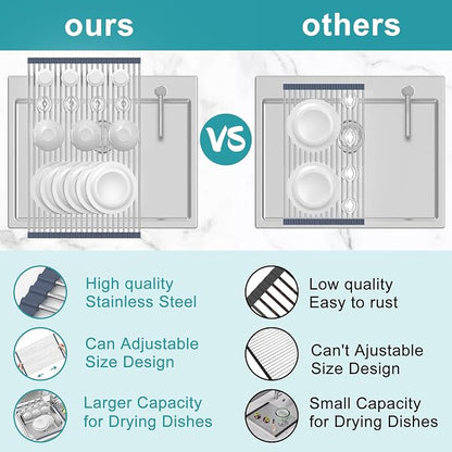 BBXTYLY Extra Large Expandable Roll Up Dish Drying Rack,Over The Sink Drying Rack Sink Cover Kitchen Sink Accessories Kitchen Rolling up Stainless Steel Drainer, Foldable,Rollable（Gray，22.8''-17.3''）
