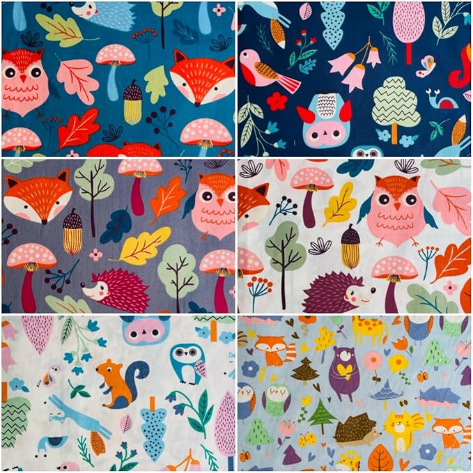 DMFR Woodland Animal Fabric Squares 5 x 5 Inch, 42 Pcs Cotton Precut Quilting Fabric Charm Pack, Forest Fox Owl Hedgehog Mushroom Quilt Squares for Kids Sewing, Patchwork, DIY Crafts