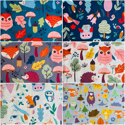 DMFR Woodland Animal Fabric Squares 5 x 5 Inch, 42 Pcs Cotton Precut Quilting Fabric Charm Pack, Forest Fox Owl Hedgehog Mushroom Quilt Squares for Kids Sewing, Patchwork, DIY Crafts