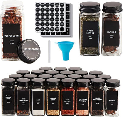 Skiileor 36 Pcs Spice Jars with Label- Glass Spice Jars with Black Metal Caps,Shaker Lids, Funnel, Chalk Pen, 4oz Seasoning Containers Bottles for Spice Rack, Cabinet, Drawer
