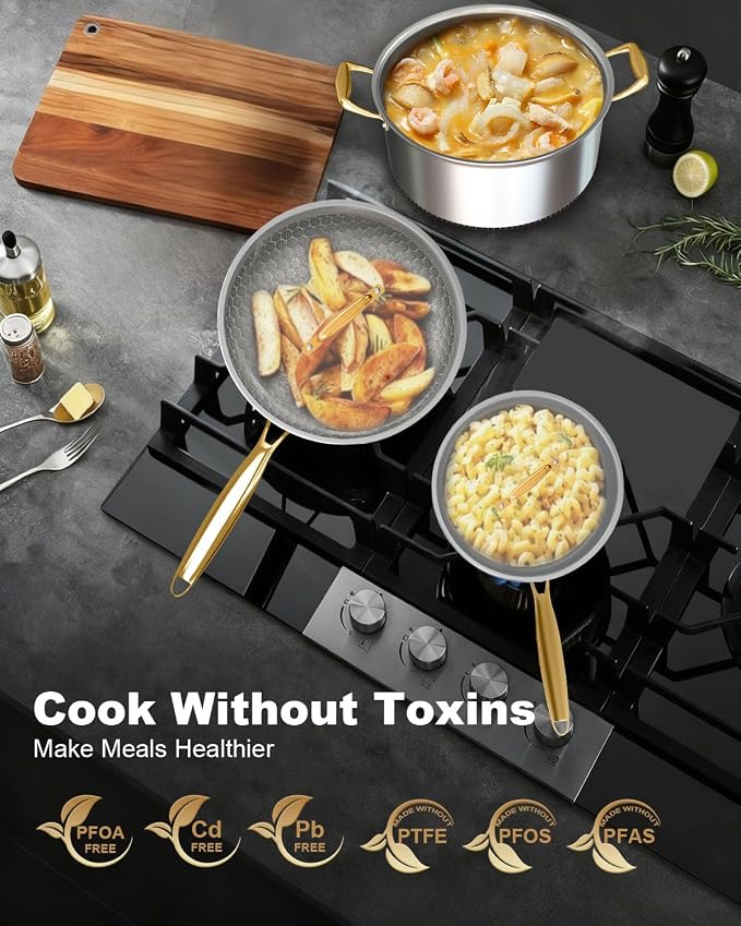 FogDream Non Stick Frying Pots and Pans Set, 9.5in Frying Pan, 5-Quart Soup Pot & 2.3-Quart Sauce Pan, Tri-Ply Stainless Steel Skillet for All Cooktops, Dishwasher & Oven-Safe Cookware Set, Gold