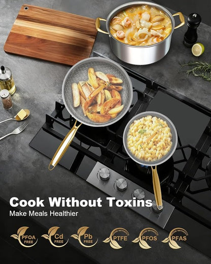 FogDream Non Stick Frying Pots and Pans Set, 9.5in Frying Pan, 5-Quart Soup Pot & 2.3-Quart Sauce Pan, Tri-Ply Stainless Steel Skillet for All Cooktops, Dishwasher & Oven-Safe Cookware Set, Gold