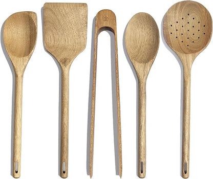 Mitus Non-Toxic Wooden Cooking Utensils - 5 Pcs Natural Acacia Hardwood Set for Nonstick Pans & Cookware - Kitchen Gift Set (Wooden Spoons, Skimmer, Tongs, Spatula)