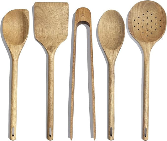 Mitus Non-Toxic Wooden Cooking Utensils - 5 Pcs Natural Acacia Hardwood Set for Nonstick Pans & Cookware - Kitchen Gift Set (Wooden Spoons, Skimmer, Tongs, Spatula)