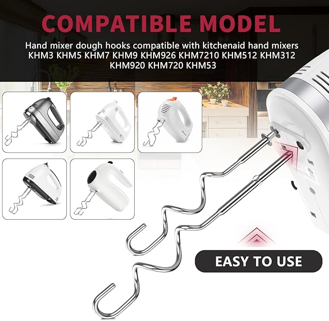 New Dough Hook for Hand Mixer Replacement for Kitchenaid Hand Mixer Dough Hooks KHM512, Stainless Steel Dough Hooks Suitable for KHM 5KSM KSM KSMO KSMH Series of Kitchenaid Mixer Hand Held, Set of 2