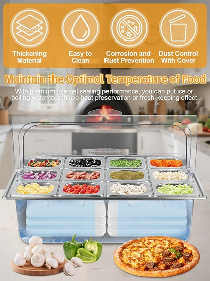Pizza Topping Station 13 Pans Stainless Steel Spice Organizer Salad Bar Buffet Station with Spoons Ice Boxes Buffet Containers Set for Sauce Jam Ingredient Kitchen Restaurant Pantry