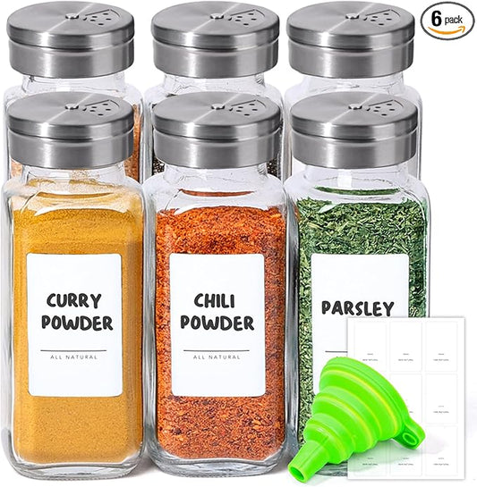 ComSaf Spice Jars with Shaker lids Adjustable, 8oz 6PCS，9 DIY Labels, Spice Jars Trial Set & Supplement Set, Empty Ingredient Containers and Square Ingredient Bottles for Kitchen and Seasoning