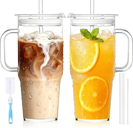 2Pack 40OZ Glass Tumbler with Handle,Glass Cup with Lid and Straw,Reusable Glass Iced Coffee Cup for Beer, Smoothies, Juice,Hot/Cold Drinks-Suitable for Birthday,Wedding