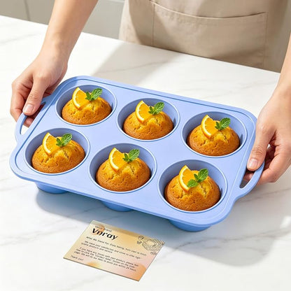Jumbo Silicone Muffin Pan with Metal Frame, Non Stick Silicone Cupcake Pan with Handles 6 Cup, BPA Free Silicon Muffin Tin Tray Extra Large for baking, egg bites, Cupcake Mold Blue