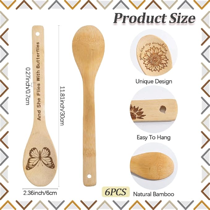 6Pcs 6 Styles Butterfly Wooden Utensils Set for Cooking 11.8 x 2.4 Inch Bamboo Kitchen Spoons Durable Wood Spoons Set for Housewarming Wedding Birthday Gift Farmhouse Apartment Accessories