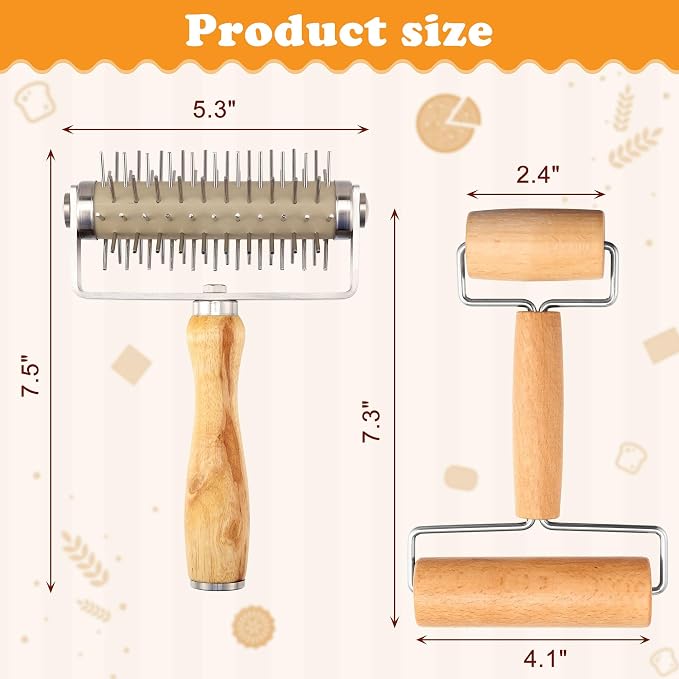 2Pcs Pizza Dough Roller & Dough Docker, Wood Rolling Pin Stainless Steel Dough Hole Puncher for Pizza, Pie, Pastry, Bread, Pasta, Cookie, Crust, burlywood, JKUS20407