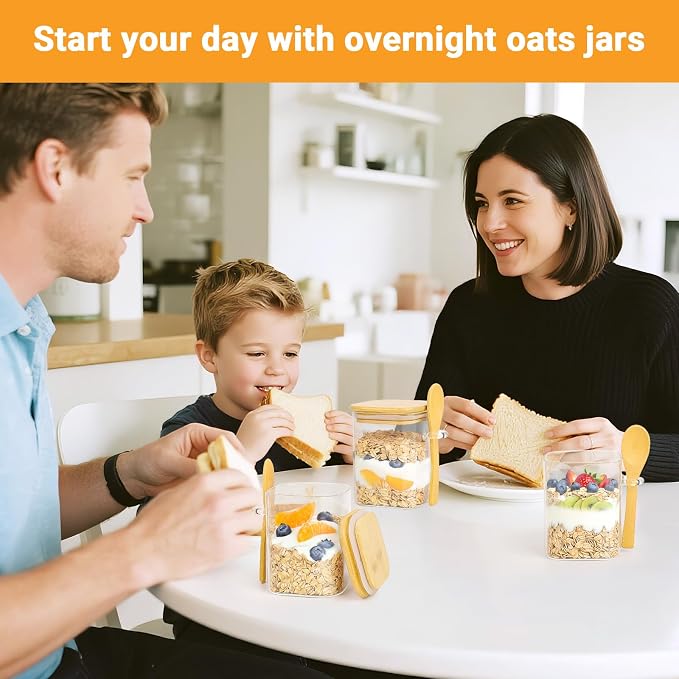 Glass Jars with Bamboo Lids and Spoons - 2 Pack 15 Fl.oz Square Glass Overnight Oat Jars with Airtight Lid, Clear Pantry Storage Container Food Canister for Spice, Loose Tea, Coffee, Sugar